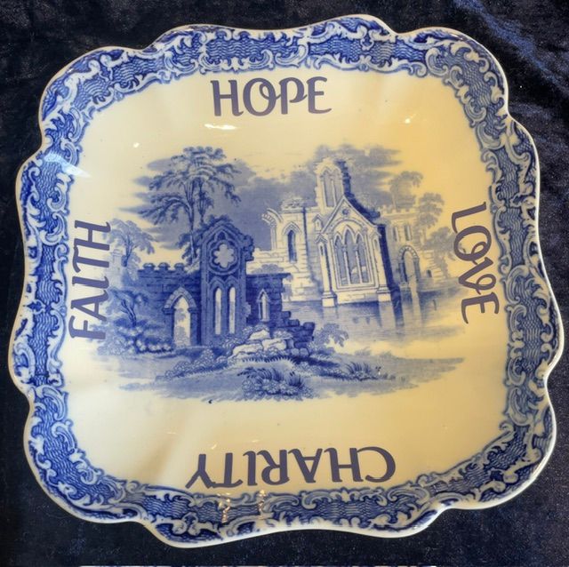 "Hope Love Charity Faith" Antique Square "The Abbey" Blue & White Serving Bowl