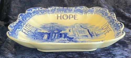 "Hope Love Charity Faith" Antique Square "The Abbey" Blue & White Serving Bowl